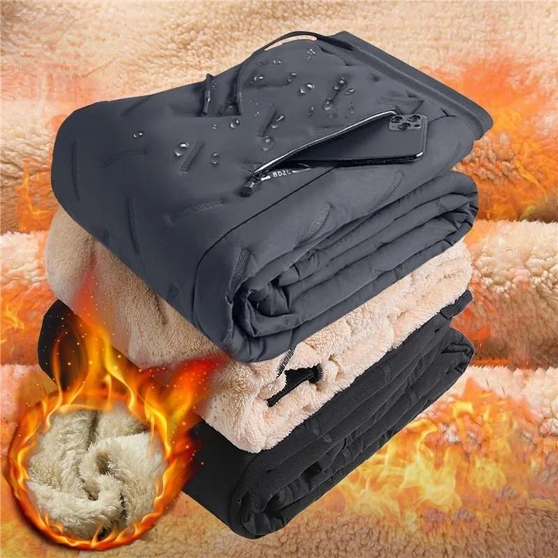 Men's Winter Fleece Thick Lambswool Warm Sweatpants, Casual, Water Proof, Big-Size, Wool Trousers, Male, Black Gray Joggers Trousers