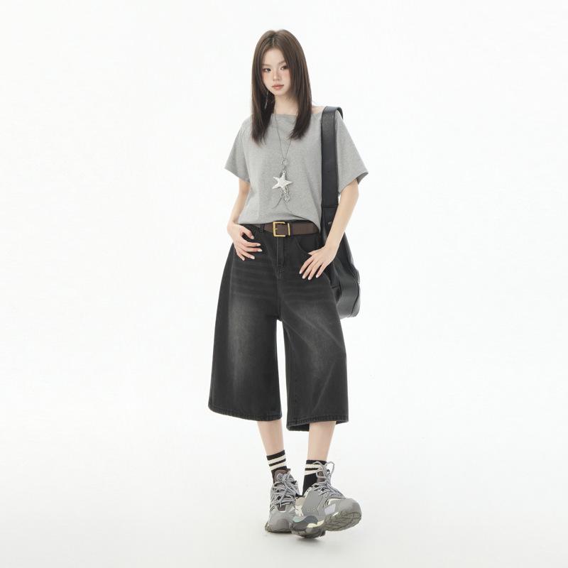 Women's American Retro High Waist Seven-Point Denim Shorts - Spring/Summer 2026, Slimming Wide-Leg Mid-Length Design.