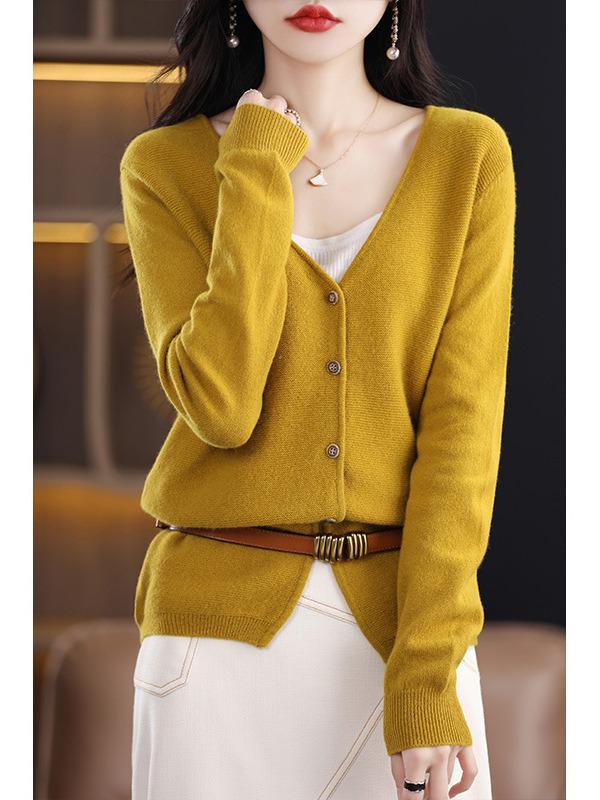 Women's V-Neck Wool Sweater Cardigan - Solid Color, Buttoned, Versatile Casual Outerwear for Spring and Autumn