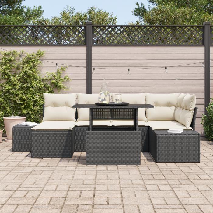 VidaXL Ensemble de canapé de jardin 7 pièces avec coussins en poly rattan noir 3357950