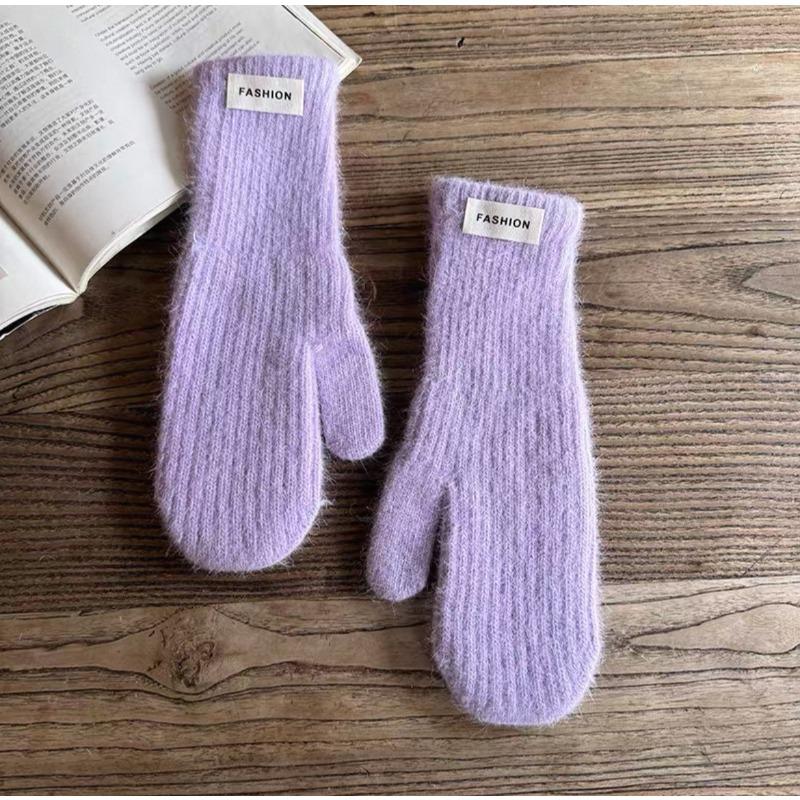 Solid Color Knit Wool Gloves Winter Women's New Velvet Warm Windproof Cold Student Riding Tide