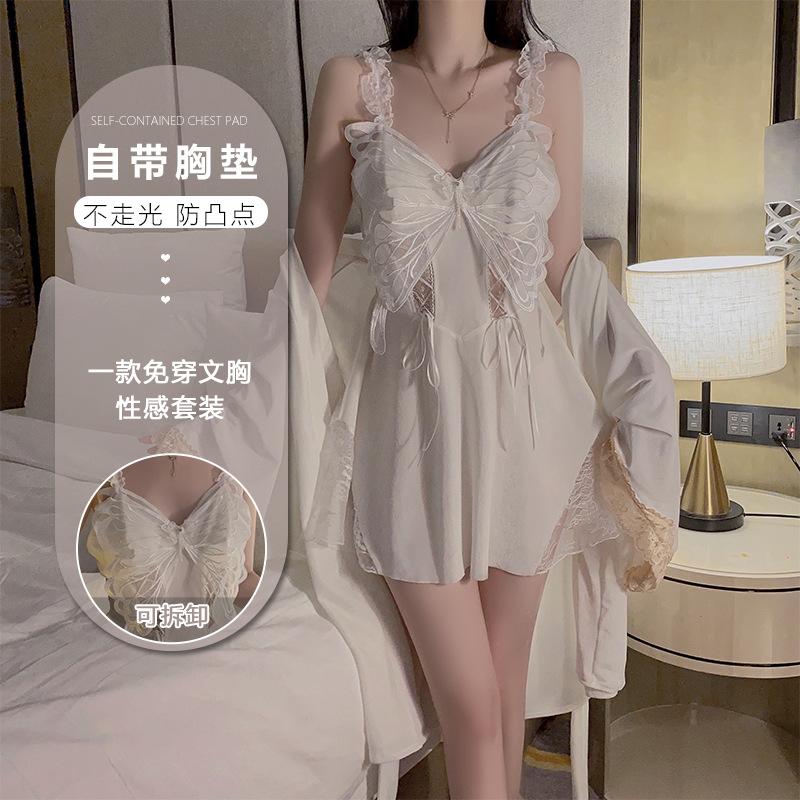 Women's Velvet Butterfly Deep V Padded Sleep Dress with Robe Lounge Set
