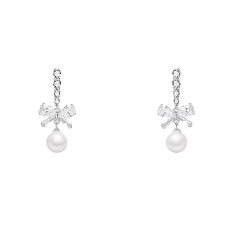 

1Pair Exquisite Bow Pearl Dangle Earrings Women Girls Fashion Sweet Stud Earrings Wedding Party Fashion Jewelry Accessory Gift