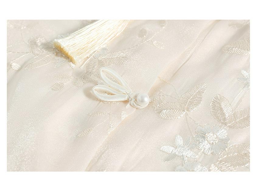Mom's Summer Embroidered Tassel Stand Collar Chiffon Blouse for Middle-Aged Women