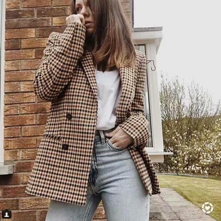 Women Double Breasted Plaid Blazer Long Sleeve Formal Jacket Coat Checked Spring Suit Lady Outerwear S хаки