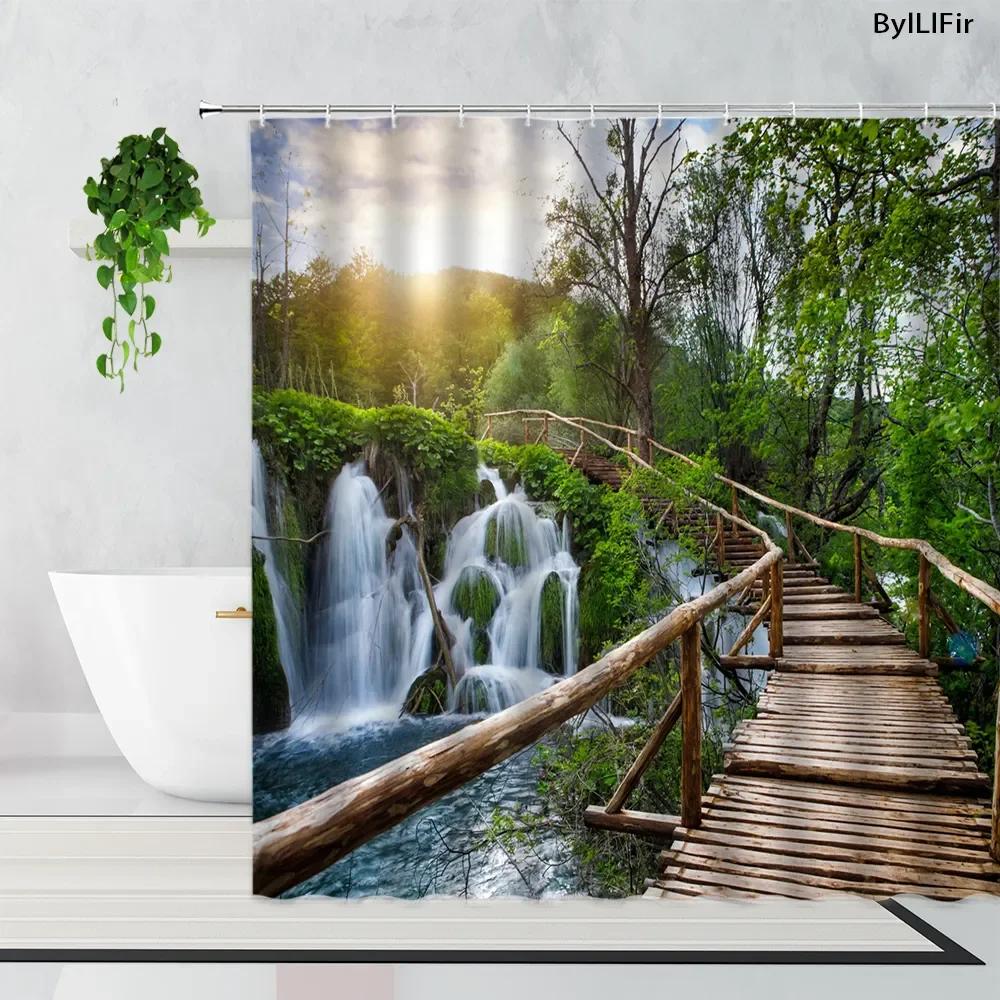 unframed Tropical Forest Shower Curtain, Nature Scenery Green Tundra Forest Waterfall River Animal Bridge, Bathroom Decorative