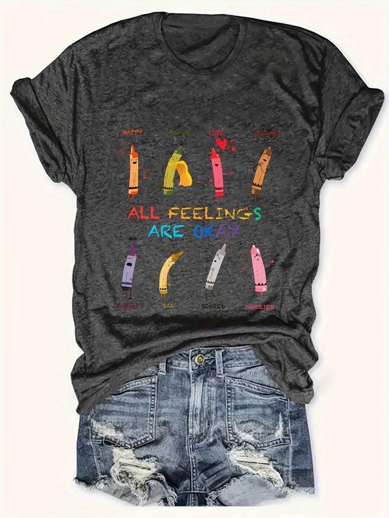 Crayon School Letter Printed Tshirt Round Neck Casual Top for Summer Womens Plus Size Womens Clothing Soft and Fashionable