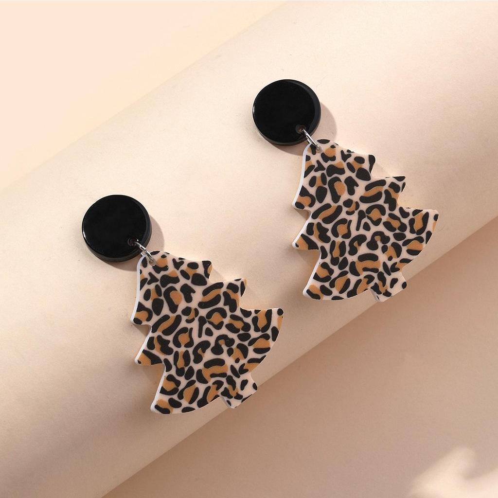 Retro Leopard Print Christmas Tree Dangle Earrings for Women