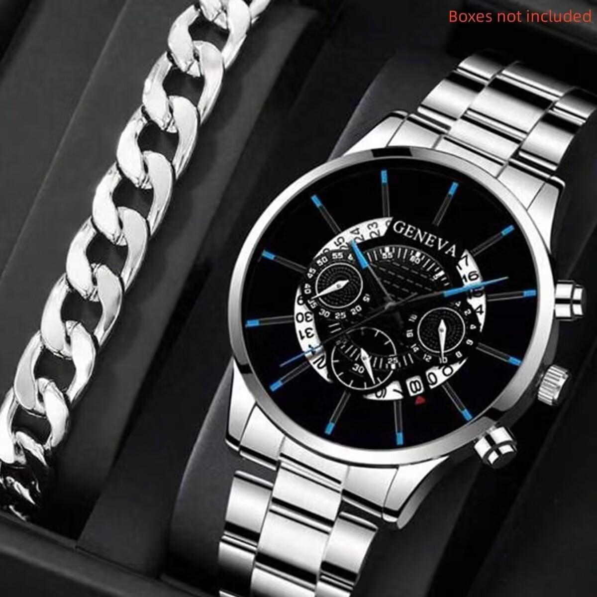 2pcs Luxury Men Business Watch Stainless Steel Calendar Big Dial Watches for Men Fashion Sports Casual Quartz Wristwatch Clock синий