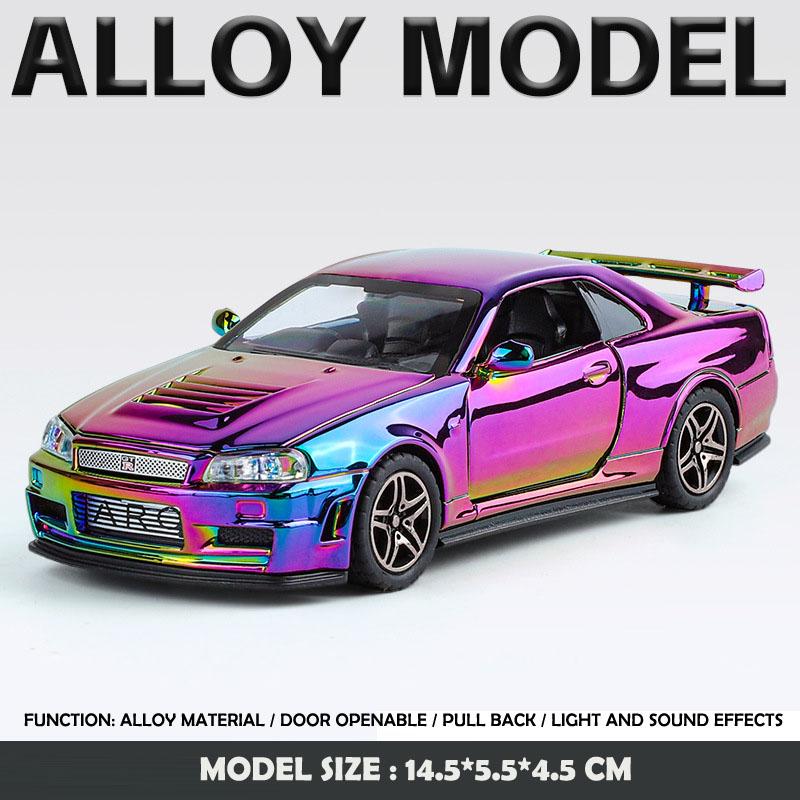 Гальваническое покрытие 1:32 Nissan Skyline GTR-R34 Модель спортивного автомобиля Звук Свет Литой Игрушечный автомобиль Дети Мальчик Подарок Миниатюрный Voiture