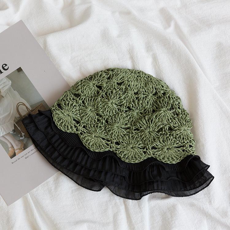 Japanese Hollow Woven Lace Edge Straw Hat Women'S Summer Sweet Versatile Lotus Leaf Edge Bucket Hat Showing Face Small Vacation Pot Hat
