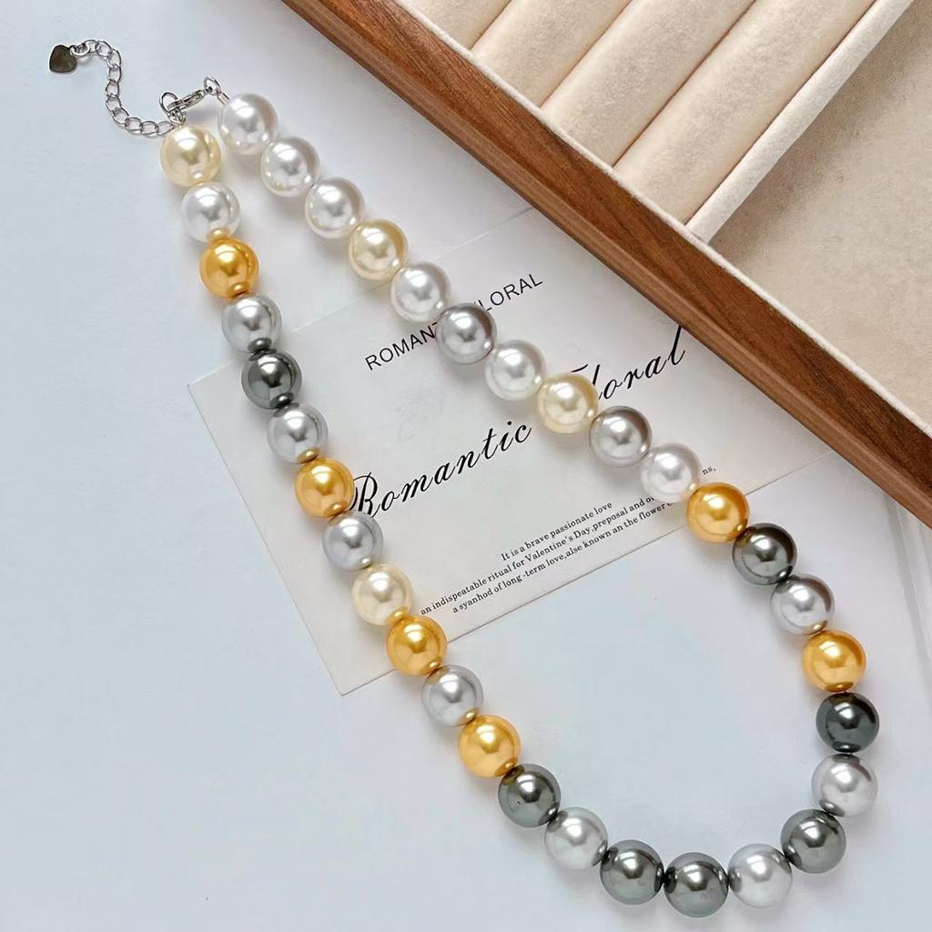 12Mm Vintage Design Sense Mixed Color Candy Faux Crystal Pearl Collarbone Chain Necklace
