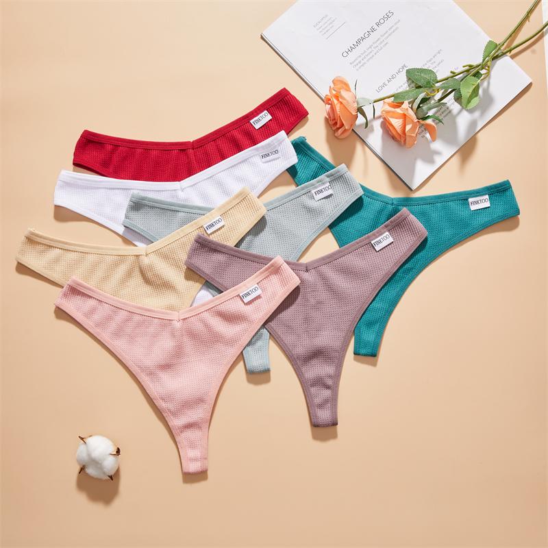 FINETOO 7Pcs Women Cotton Thongs Clothing Comfortable Waffle G-string Panties Female Low-Rise T-Back Underwear Bikini Lingerie