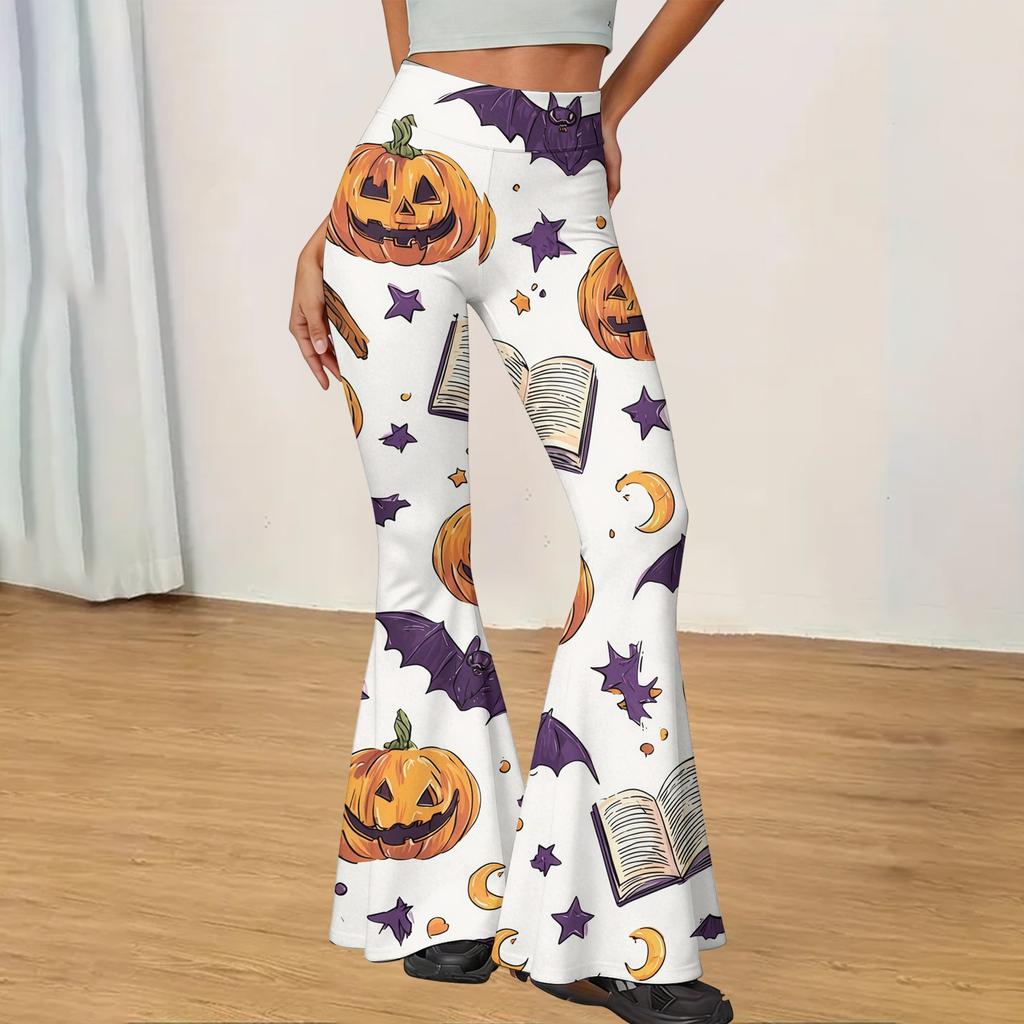 Women's Casual Halloween Print Flared Yoga Pants High Waist Stretchy Bootcut Leggings for Everyday Wear