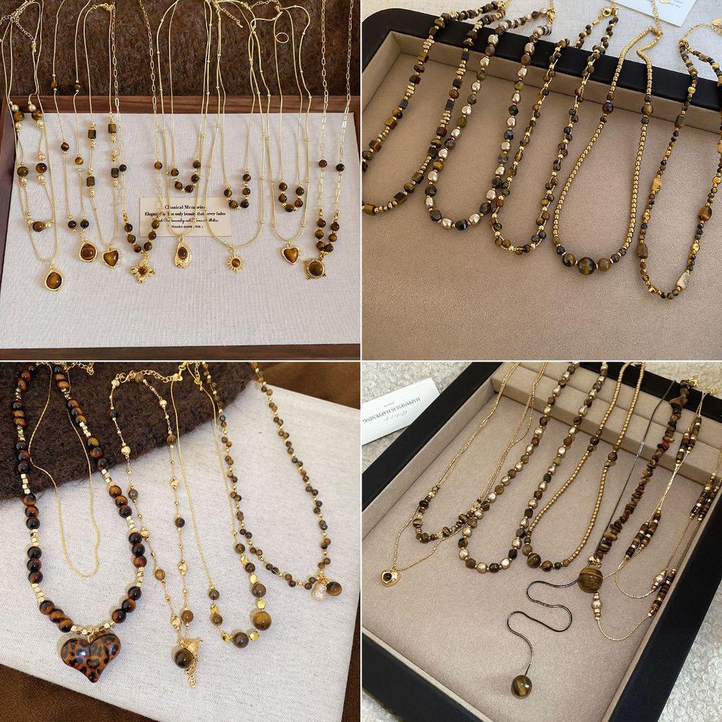 Maillard Tiger Eye Bead Round Pendant Necklace - Retro Casual Style Sweater Chain, Simple and Versatile.