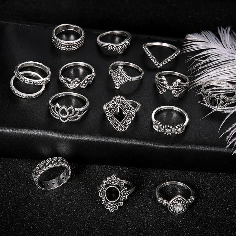 15Pcs Vintage Silver Joint Knot Rings Set Women Bohemian Stackable Joint Finger Rings Retro Stone Crystal Stacking Rings