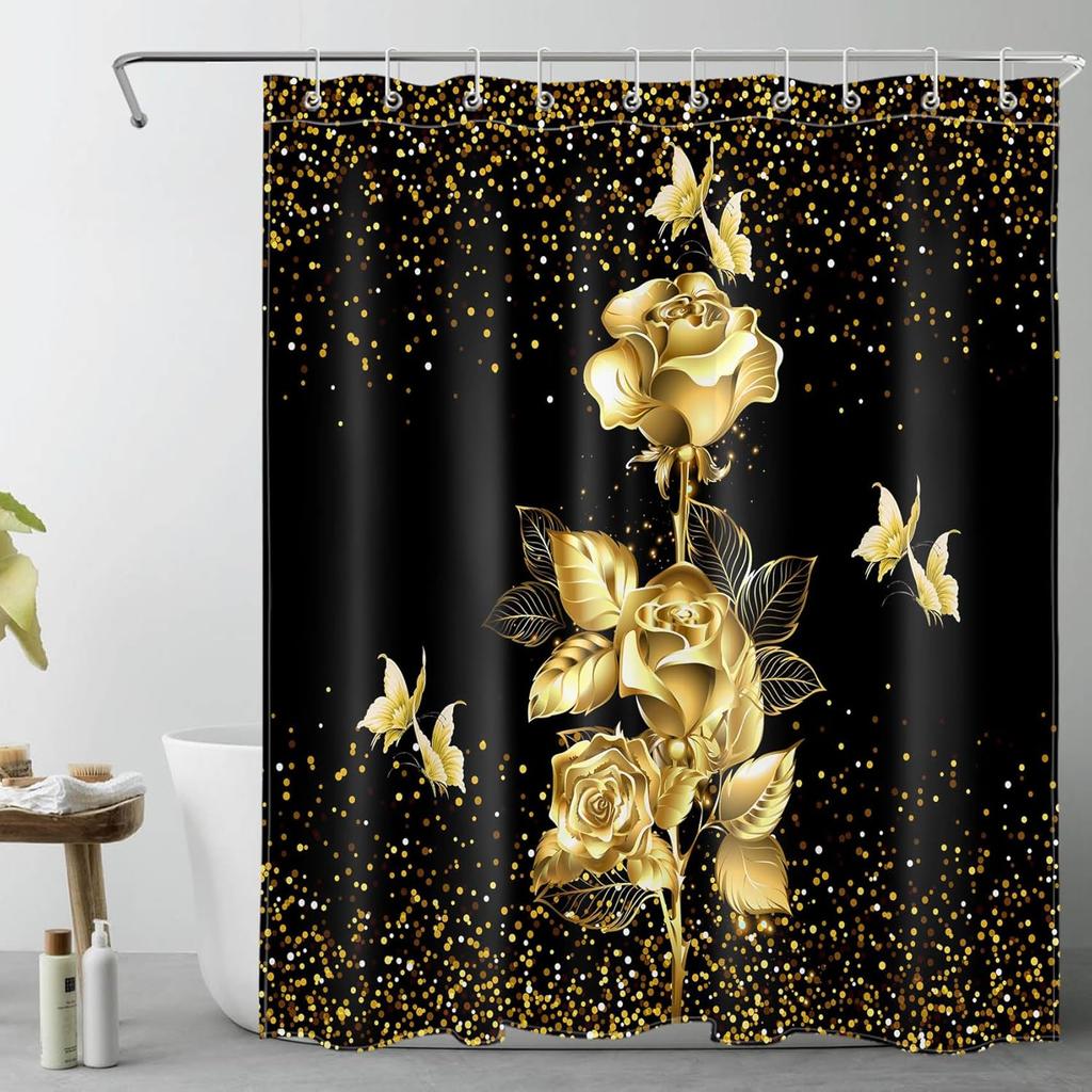Japanese Shower Curtain Black Bamboo Bath Curtain Red Sun and Mountains Asian Ink Painting Anime Bathroom Curtain Set with