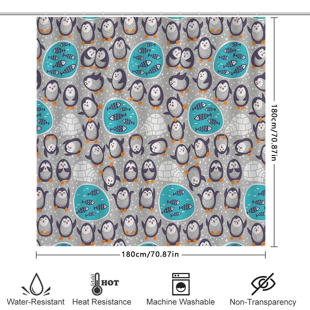 Cute Penguin Shower Curtain Waterproof Farmhouse Bathroom Decor Set Blue Gray Modern Coastal Ocean Animal Pattern Fabric Backdro