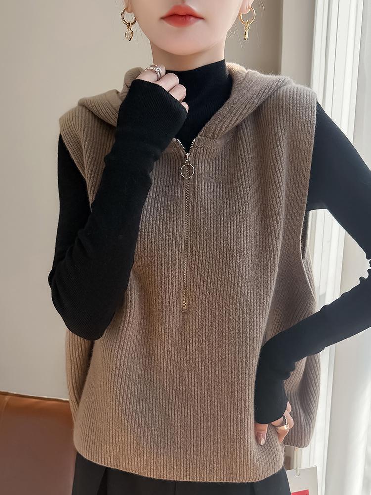 Elegant Half-Zip Hooded Knit Vest: Women's Sleeveless Lapel Cardigan Sweater - Loose and Warm Layering Top