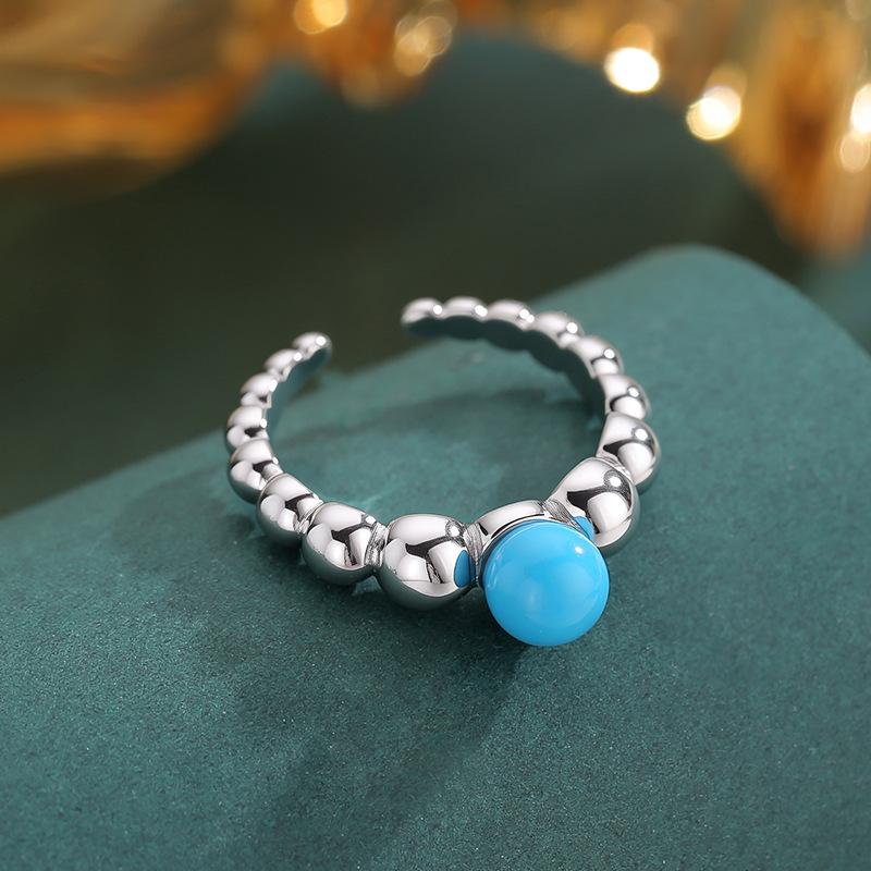 925 Silver Trendy Blue Turquoise Bean Finger Rings For Women Fashion Wedding Engagement Party Charm Jewelry