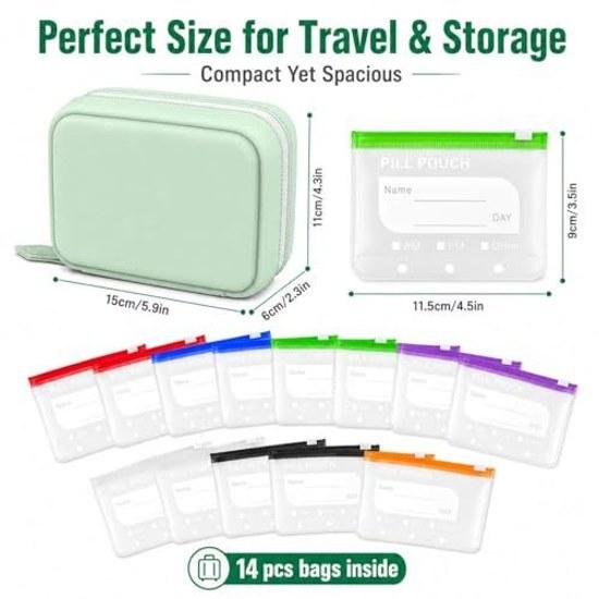 A8 Waterproof Pill Organizer Set Portable Case 14 Transparent Pouches Easily Organizes 7 Days Medicine Supplements Vitamins Fish Oil Zipper Writable