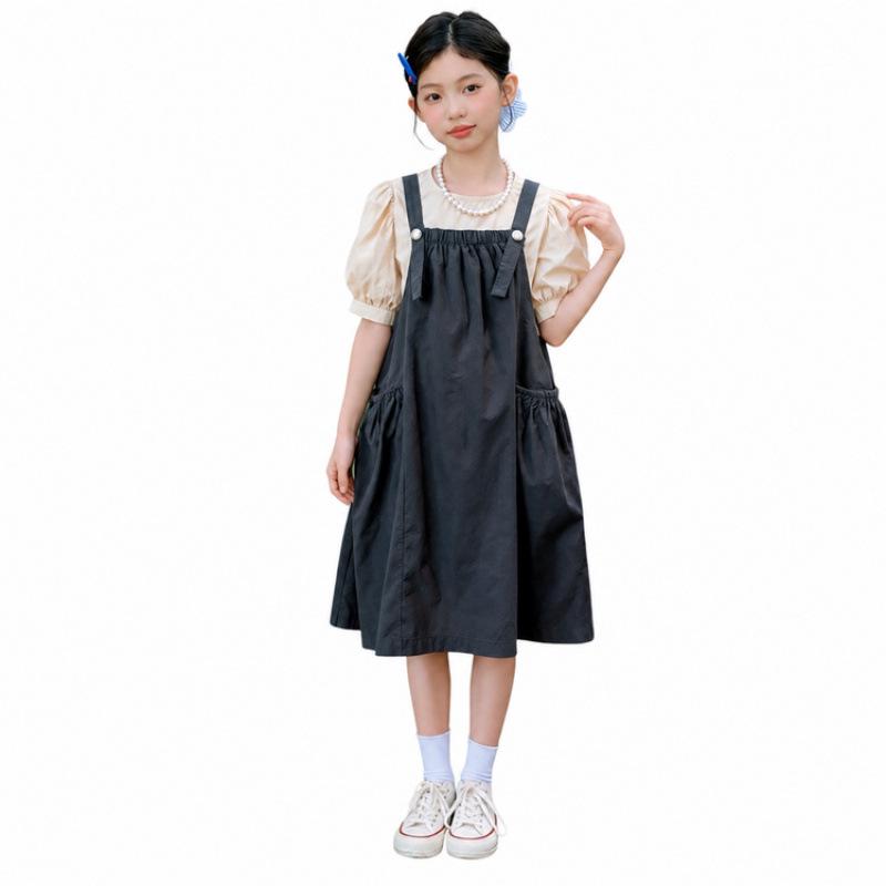 Girls' Bubble Sleeve Strappy Dress Set - 2026 New Summer Style, Medium & Large Cotton Skirt, Solid Color Sweet Two-Piece.