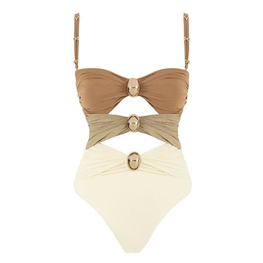 Costum de baie bikini întreg patchwork cu fustă pentru femei 2025, culoare uni