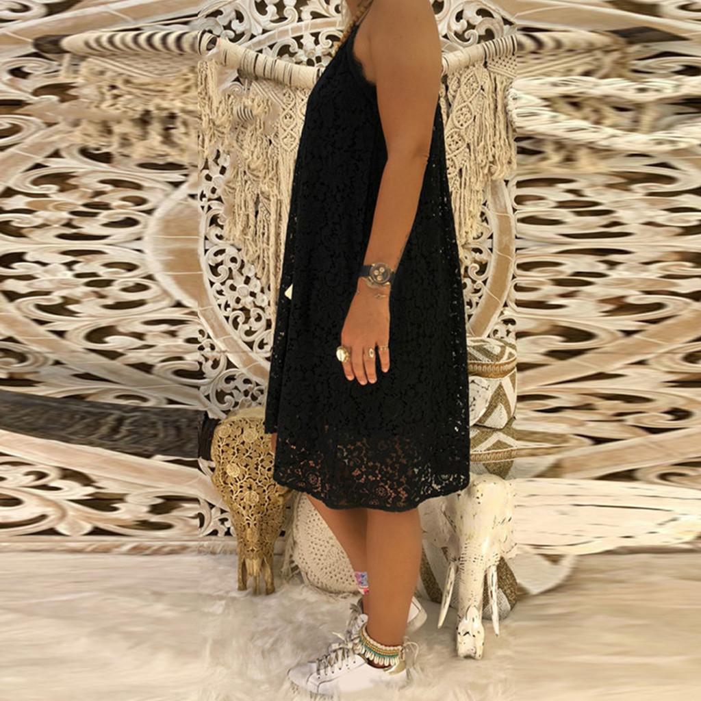 Women's Summer Sleeveless Solid Casual V Neck Dress Loose Plus Size Lace Dress