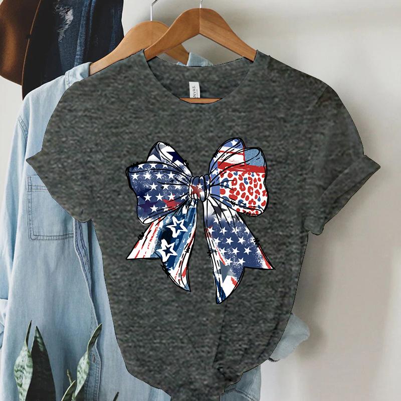 USA Flag Coquette Bow Design Woman T-shirts July 4th Crew Neck Summer Clothes Men 4th of July Coquette Bow Shirts and Blouses