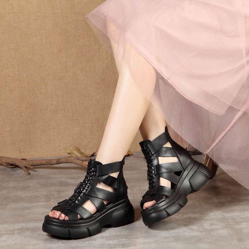 Summer new retro handmade leather thick-soled cool boots women's high-heeled hollow soft leather sandals wedge heel fish mouth Roman shoes