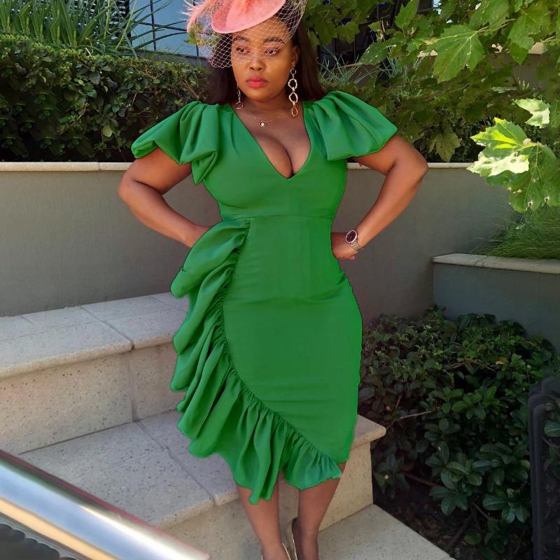 

Новое платье миди с глубоким V-образным вырезом, оборками по краю в виде листьев и облегающим бедра силуэтом большого размера для женщин XXXL