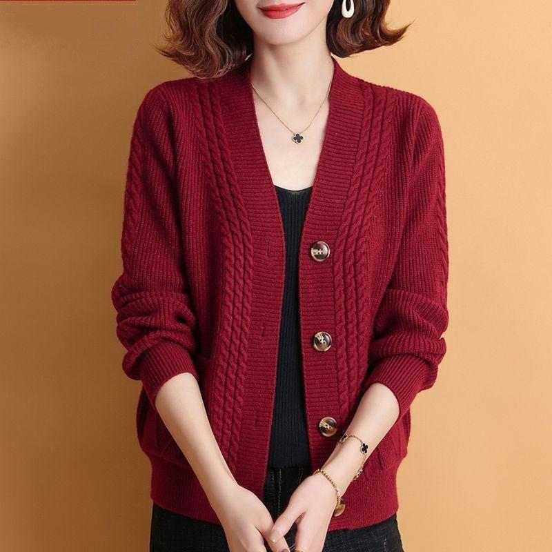 Women's Spring Autumn Patchwork V-neck Button Fashion Solid Color Loose Minimalist Casual Long Sleeve Knitting Tops