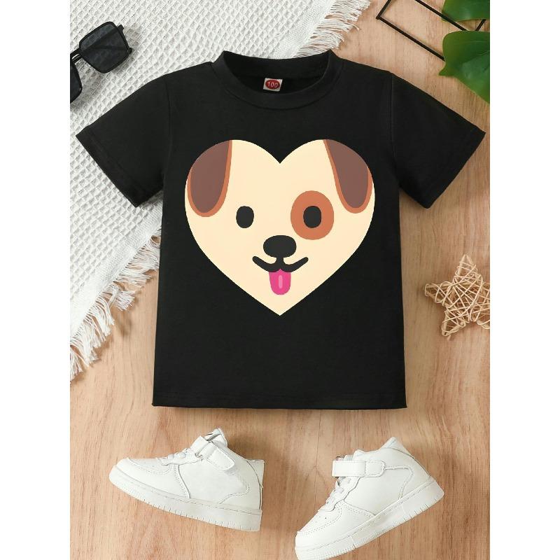 European sizes Heart-print Puppy Print Crew Neck Short-sleeved T-shirt, Casual and Stylish, Perfect for Summer Outings.