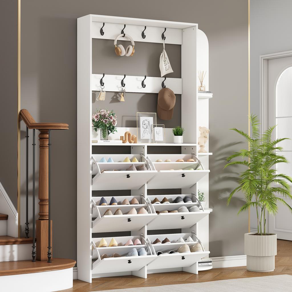 120 x 24 x 200 cm, Coat Rack for Entrance Area, 3-in-1 Multifunctional Shoe Cabinet, Flip Door, 8 Hooks, Living Room Cabinet with 5 Shelves, White
