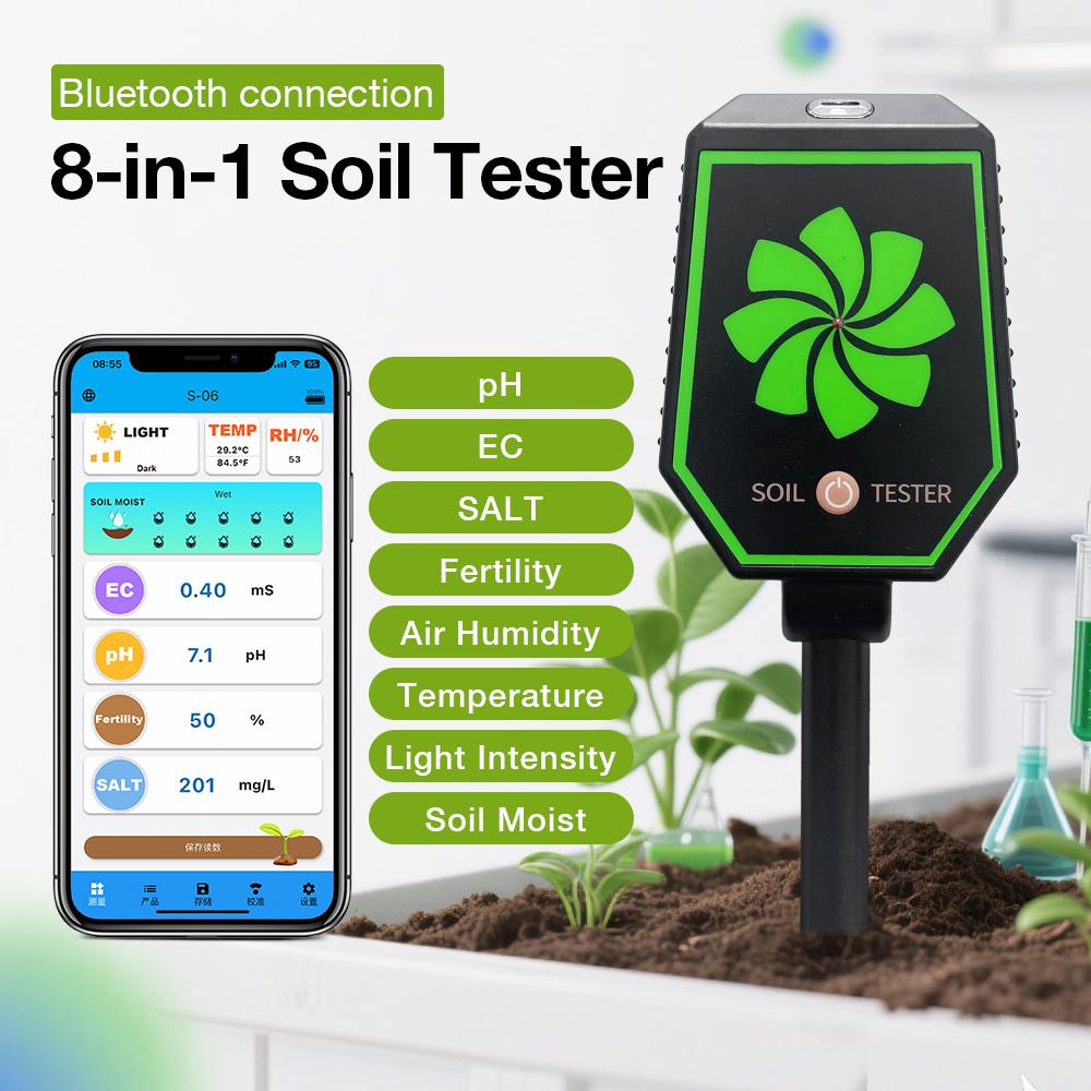 

Bluetooth 8 in 1 Soil Tester Soil Meter pH EC Salt Fertility Moisture Air Humidity Temperature Light Intensity Meter App Control