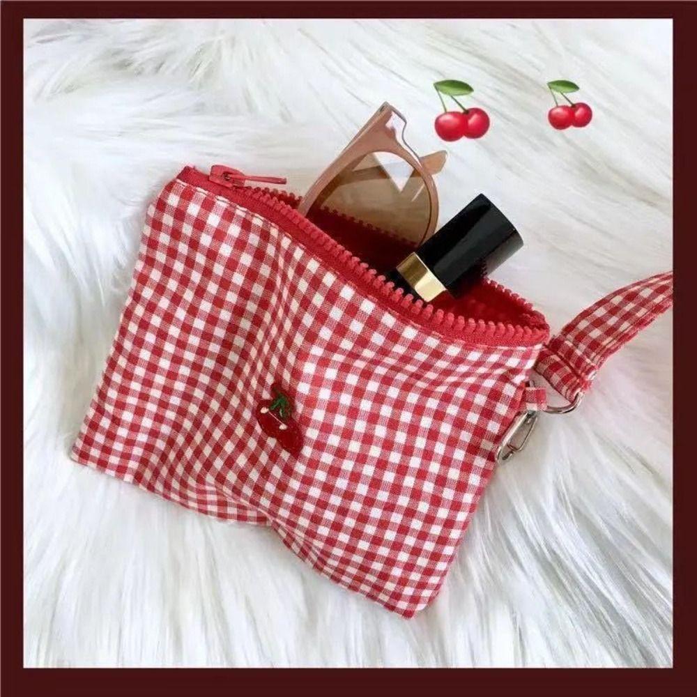 Toiletry Organizer Plaid Makeup Bags Large Capacity Canvas Coin Purse Cherry Cosmetic Bag Outdoor
