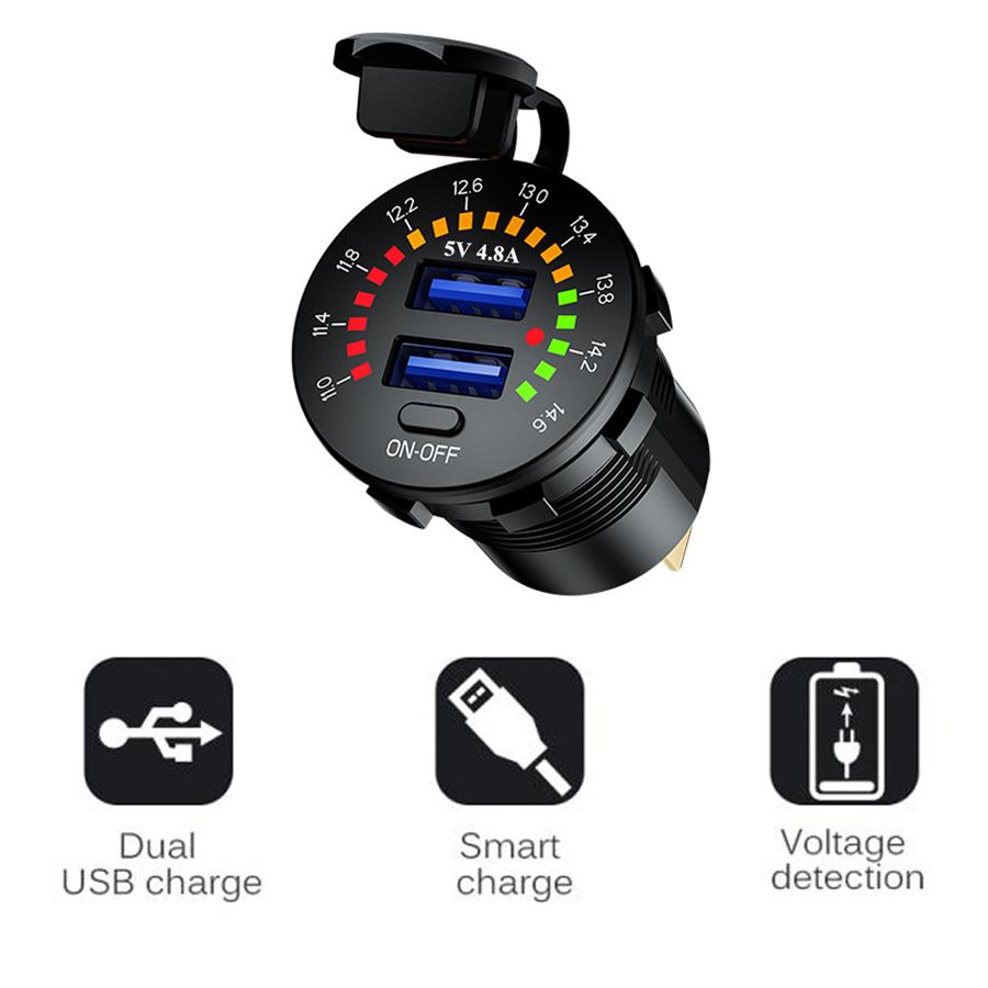 

4.8A 12V Car Boat Dual USB Fast Charger Adapter Power Outlet Socket w/ Voltmeter