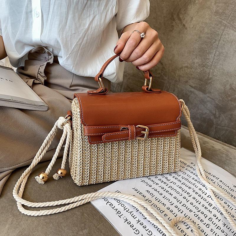 Sommer Mode Box Bag Trendige Gewebte Stroh Quadratische Handtasche für Damen, Hochwertige Stilvolle Crossbody Tasche