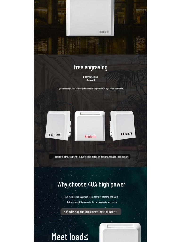 Hotel B&B Inn Card Insertion Power Switch, 40A, 86 Type, Delayed High/Low Frequency Induction Switch Panel