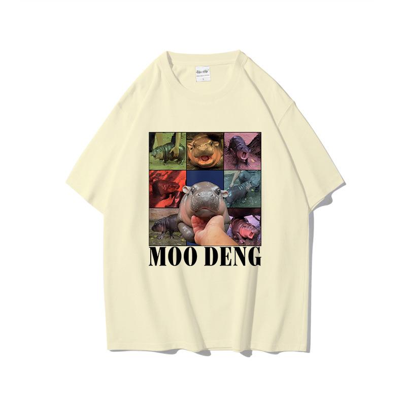 Summer Pure Cotton Short Sleeved Creative Trend Bouncing Pig Moo Deng Printed Round Neck Sports Shirt Casual Versatile T-Shirts Women’s