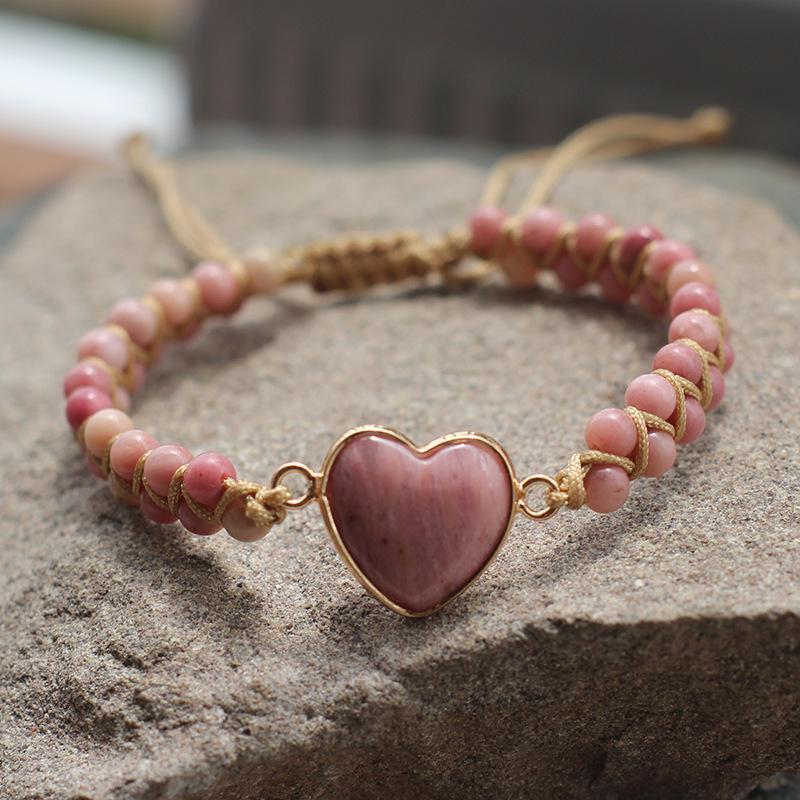 Bohemian Red Heart-Shaped Redwood Stone Double-Layer Woven Women's Bracelet