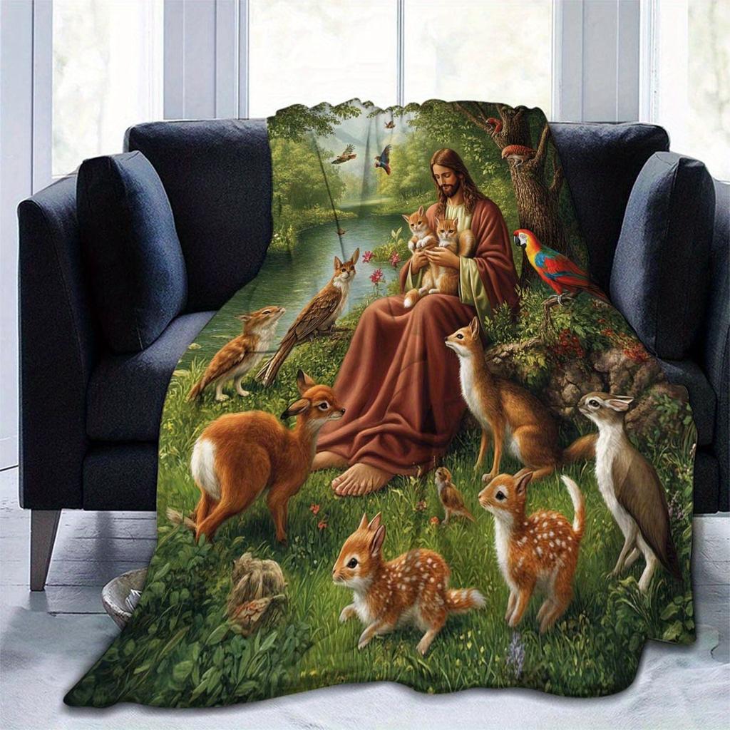 1pc Jesus Printing Flannel Blanket, Soft Cozy Blanket Nap Blanket for Travel Sofa Bed Office Home Decor, Birthday Holiday Gift