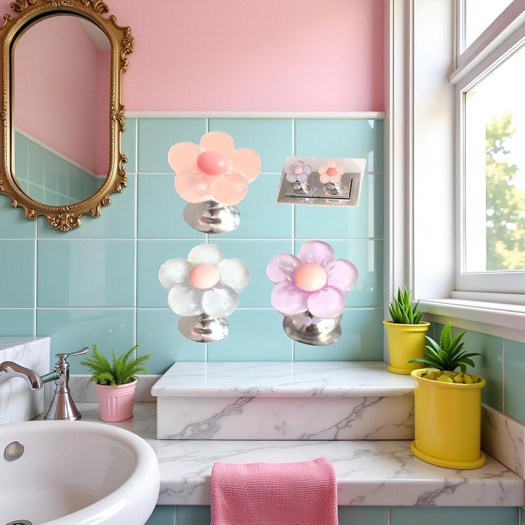 3Pcs Multicolor Cute Flower Shaped Toilet Buttons,Flower Shape Press Tank Button,Toilet Push Tank Buttonss Flush Pusher Tool,Handle Helper,Creative
