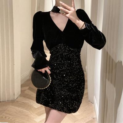 France Sexy Party New One Piece Dress Women Halter Collar Sweet Sequin Elegant Mini Dresses Female Korean Style Patchwork Club Clothing 2024