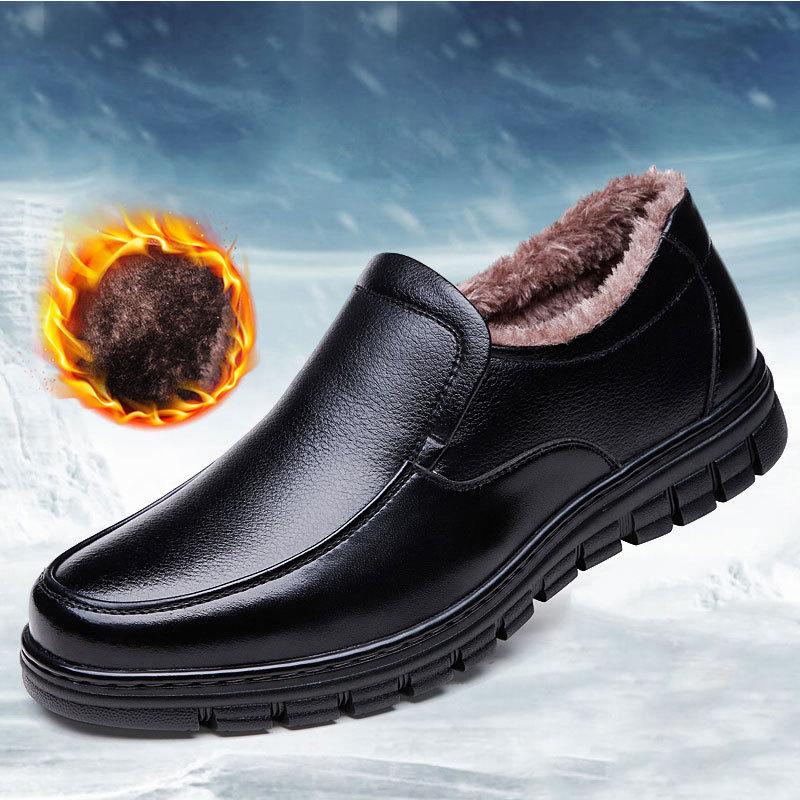 Fashion Winter Warm Fur Loafers Men Leather Casual Shoes Men Walking Footwear Non-slip Thick Sole Warm Men's Sneakers Leather Moccasins