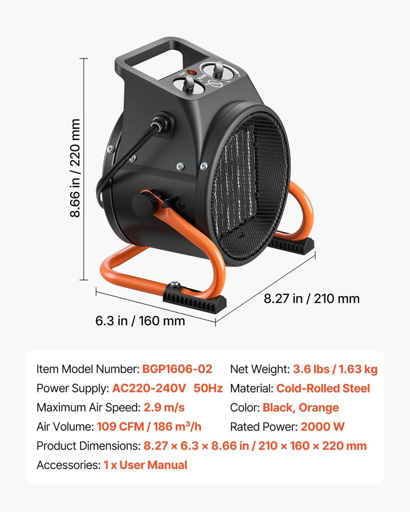 Greenhouse Heater, 2000W Electric PTC Space Heater with Fan, Low & High Heat Modes, 15° Adjustable Angle, Overheat Protection, Portable for Grow Tent,