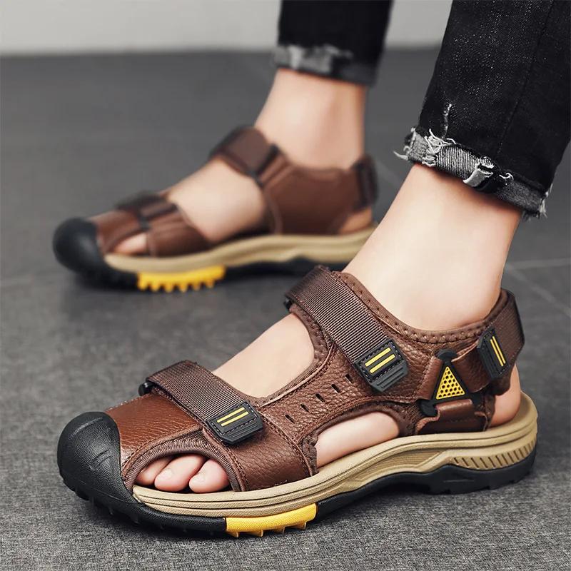 Summer Genuine Leather Sandals For Men Slip On Waterproof High Quality Beach Shoes Men Fashion Trend Walking Causal Shoes Male