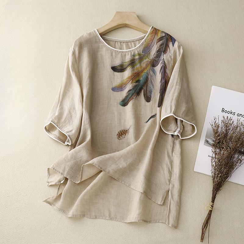 

Летняя хлопковая льняная художественная свободная футболка с круглым вырезом и короткими рукавами для женщин 2XL