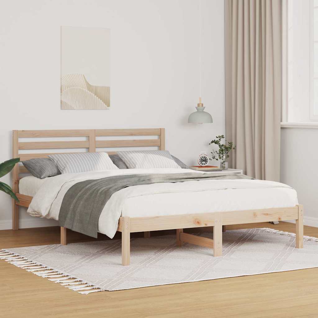 Brown Bed Frame with Headboard 140 X 190 Cm Solid Pine Wood