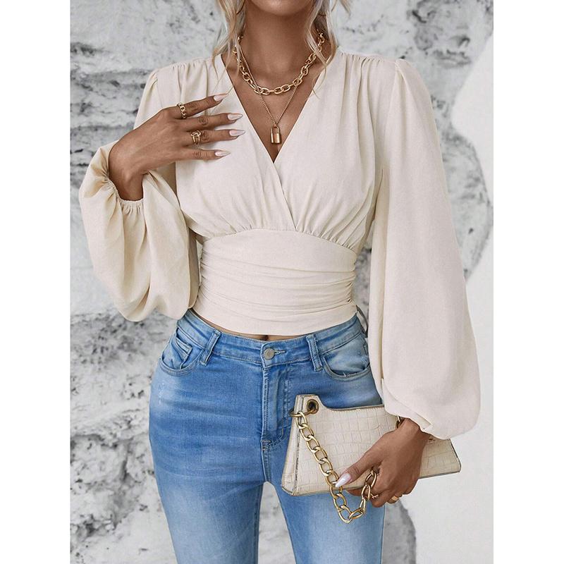 Wiosna Jesień Casualowy Damski Top Modny Kolekcja Talii Seksowny Dekolt V Rękaw Torba Jednolity Kolor Zmarszczony Top z Długim Rękawem